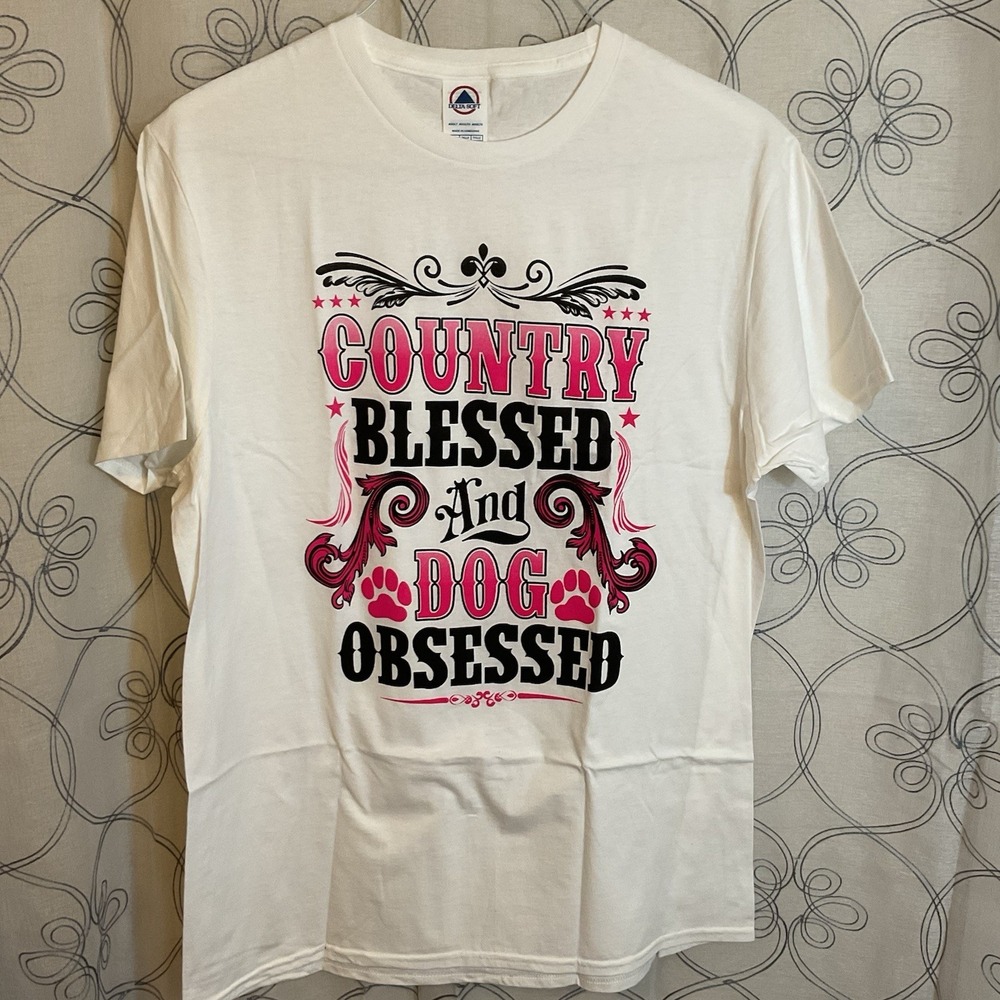 Women's Graphic Tee " Country Blessed And Dog Obsessed" Size Large